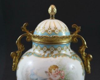 C1890 French Sevres Porcelain Covered Urn Gilt Bronze Mounted w/ Cherubic Figure 3