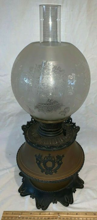 Antique Signed Bradley Hubbard Victorian Banquet Lamp Copper Cast Iron Kerosene