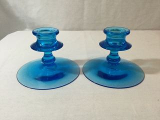 2 Vintage Cobalt Blue Glass Candlestick Holders 1950’s/60’s
