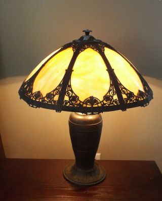 Antique Rainaud Arts And Crafts Slag Glass Table Lamp