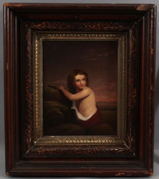 Small 8x10 Antique 19thC O/C Oil Painting Classical Young Child w/ Painted Frame 2
