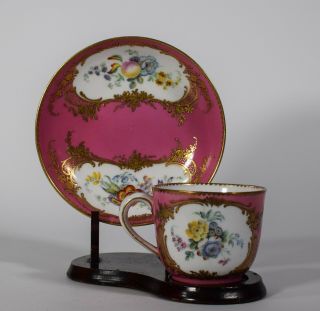 Sevres 18th Century Cup & Saucer Pink Hand Painted Floral Design With Gold Gilt