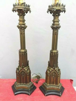Late 19th Century Gothic Revival Gilt Brass Altar Candlestick Lamps