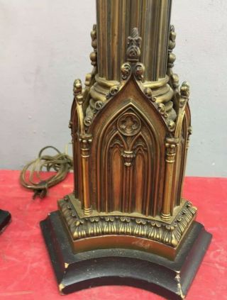 LATE 19TH CENTURY GOTHIC REVIVAL GILT BRASS ALTAR CANDLESTICK LAMPS 2