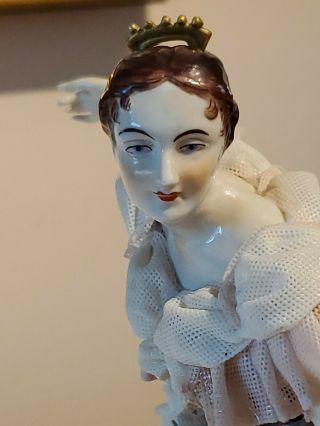19th Dresden VOLKSTEDT Porcelain Lace Figurine Ballet Dancer Blue Slippers & Fan 2
