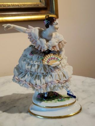 19th Dresden VOLKSTEDT Porcelain Lace Figurine Ballet Dancer Blue Slippers & Fan 3