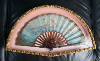 Antique Victorian French Carved Tortoise Shell Hand Painted Scene Fan Sanseron