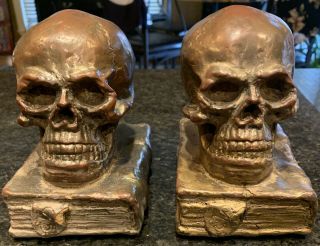 Antique Bronze - Clad Skull And Grimoire Bookends By Armor Bronze Circa 1922