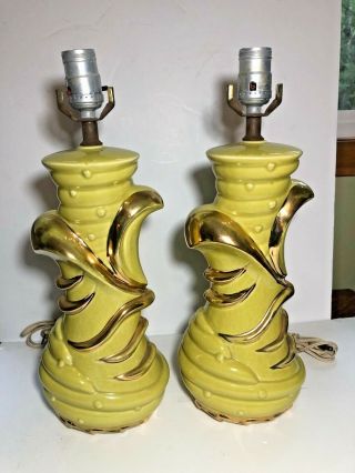 2 Mid Century Vtg Retro Ceramic Table Lamps Lime Green/gold 55 - 290 C Miller 1955