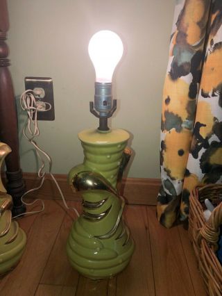 2 Mid Century Vtg Retro Ceramic Table Lamps Lime Green/Gold 55 - 290 C Miller 1955 2