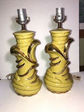 2 Mid Century Vtg Retro Ceramic Table Lamps Lime Green/Gold 55 - 290 C Miller 1955 3