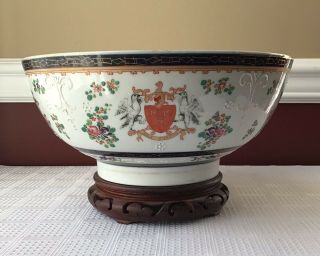 Antique Edme Samson? Armorial Porcelain Punch Bowl,  Chinese Export Style,  11 3/8