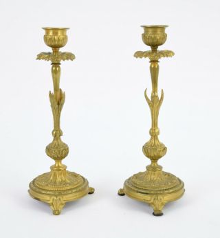 Pair French Louis Xv Style Gilt Bronze Diminutive Candle Sticks