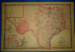 Vintage Circa 1862 Texas Map Old Antique Johnson Atlas Map - S&h