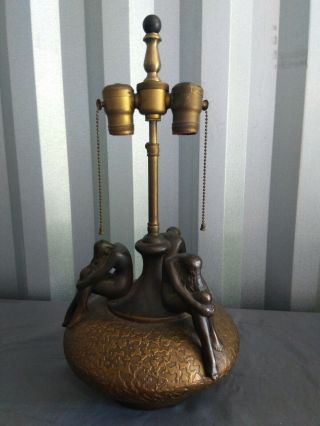 Antique Deco Olive Kooken Armor Bronze Lamp Fine Cond 3 Nude Girls X Patina 18 "