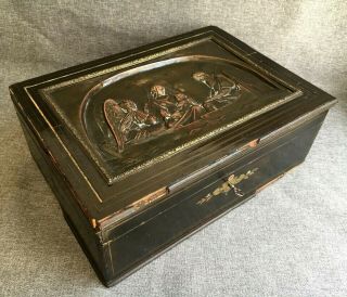 Huge Antique French Napoleon Iii Box Trunk Wood Brass 19th Century Religious