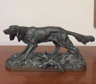 Antique Bronze Metal Pointer Setter Hunting Dog Statue Foundry Mark