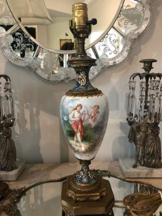 Antique French Champleve Enamel Lamp Urn Shape Porcelain Cupid Lady Sevres? Sign