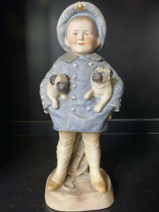 Rare Antique German Bisque Boy With Pug Dogs Piano Baby Statue Figure