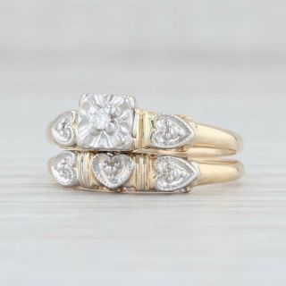 Vintage Diamond Wedding Band Engagement Ring Hearts Bridal Set 14k Gold Size 6.  5
