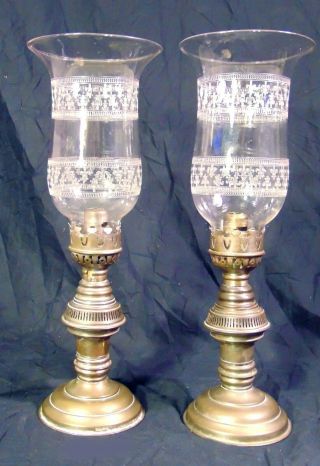 Pair 19th C English Brass Sherwoods Spring Loaded Candlestick Hurricane Lamps