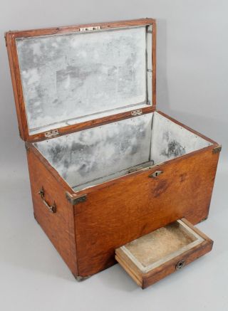 Small Antique Early 20thc Oak Zinc Lined Traveling Ice Cooler,
