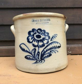 Antique Crock John Burger Rochester Ny 1860s Stoneware Evc Cobalt Blue Flower 2g