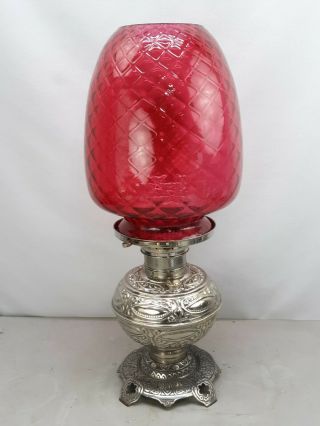 Antique Victorian Manhattan Brass Co Nickel Oil Heater Lamp Cranberry Shade