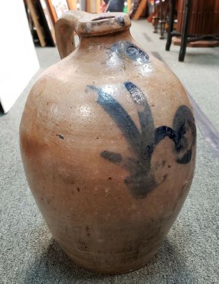 Circa 1830 Baltimore Salt Glaze Stoneware 2 Gallon Jug With Blue Flower Motif