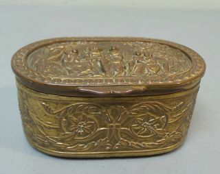 19th C.  Bronze Trinket Box,  Elaborate Embossed Decoration,  Silk Lining