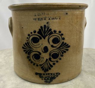 Wm.  E.  Warner 2 - Gal.  Stoneware Crock West Troy,  Ny C.  1850 - Rare