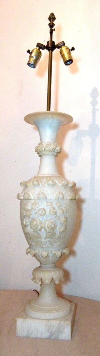 Huge Antique 19th Century Hand Carved White Alabaster Vase Sculpture Table Lamp