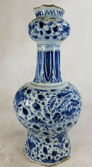 Antique 18th Century Dutch Delft Blue And White Garlic Mouth Vase Majolica