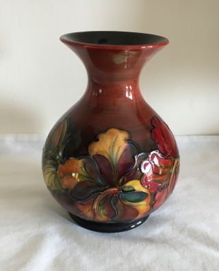 Vintage Moorcroft Pottery Tube Lined " Hibiscus” Flambe W.  M.  Initials Vase