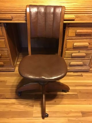 Vtg W.  H.  Gunlocke Antique Wood & Leather Swivel Office Desk Chair
