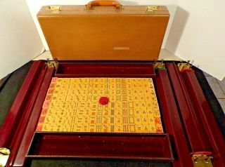 Vintage Butterscotch Bakelite Mah Jong Set W 152 Tiles 5 Stands And Travel Case