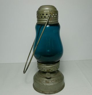 Antique Vintage Skaters Lantern Oil Lamp Mini W/ Teal Glass Globe " As Found "