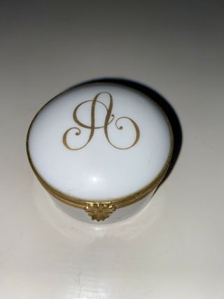 Limoge France White Initial A Round Hinged Trinket Box