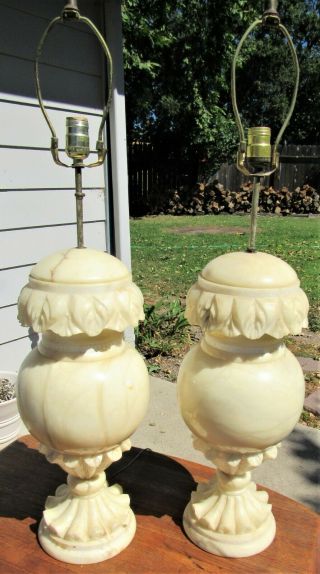 Massive Pair Vintage French Art Deco Carved Alabaster Lamps W/ Lighted Globe