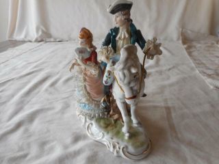 Vintage German Dresden Lace Colonial Couple Man On Horse Woman With Fan Figurine 2