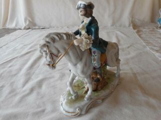Vintage German Dresden Lace Colonial Couple Man On Horse Woman With Fan Figurine 3