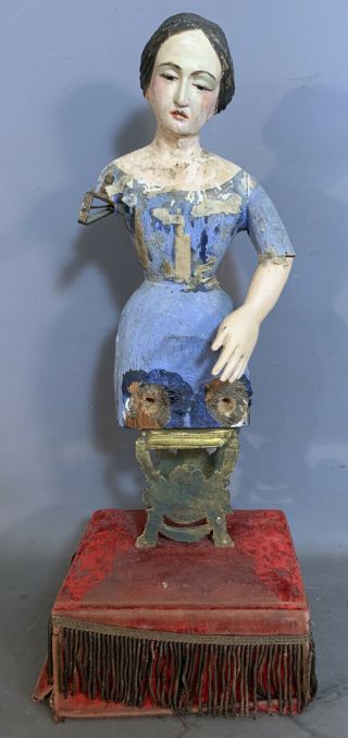 Lg Antique Carved Wood Old Automaton Fragment Lady Statue Old Folk Art Sculpture