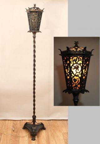 Tall Antique Signed Oscar Bach Gothic Bronze Torchiere Mica Floor Lamp Nr
