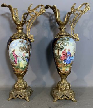 Pair (2) Vintage Victorian Style Porcelain & Brass Old Mantel Garniture Ewer