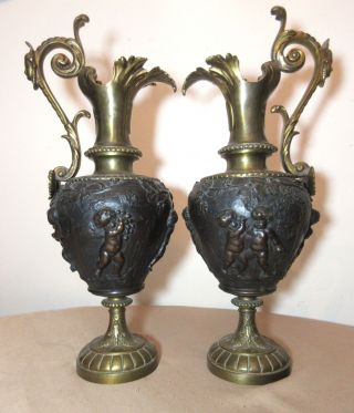 Pair Large Antique Victorian Heavy Gilt Bronze Figural Cherub Ewers Urn Vase