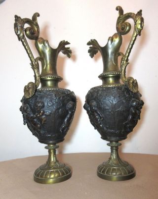 pair large antique Victorian heavy gilt bronze figural cherub ewers urn vase 2