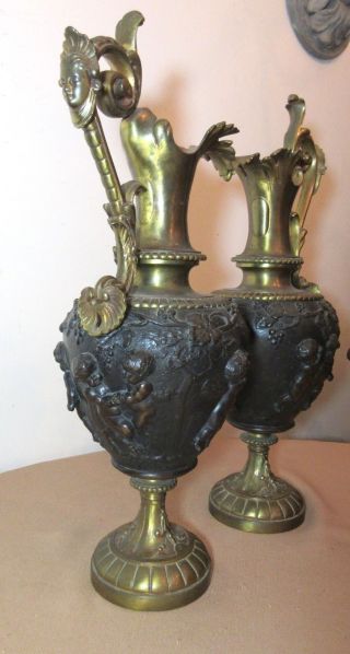 pair large antique Victorian heavy gilt bronze figural cherub ewers urn vase 3