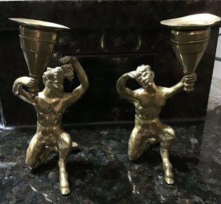 Rare And Unusual Antique Vtg 2 Brass Satyr /devil Candlesticks,  Great Details 5”