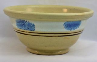 Antique Yellow Ware Bowl W Blue Seaweed & Brown Banding
