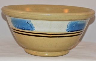 Antique Yellow Ware Bowl w Blue Seaweed & Brown Banding 2